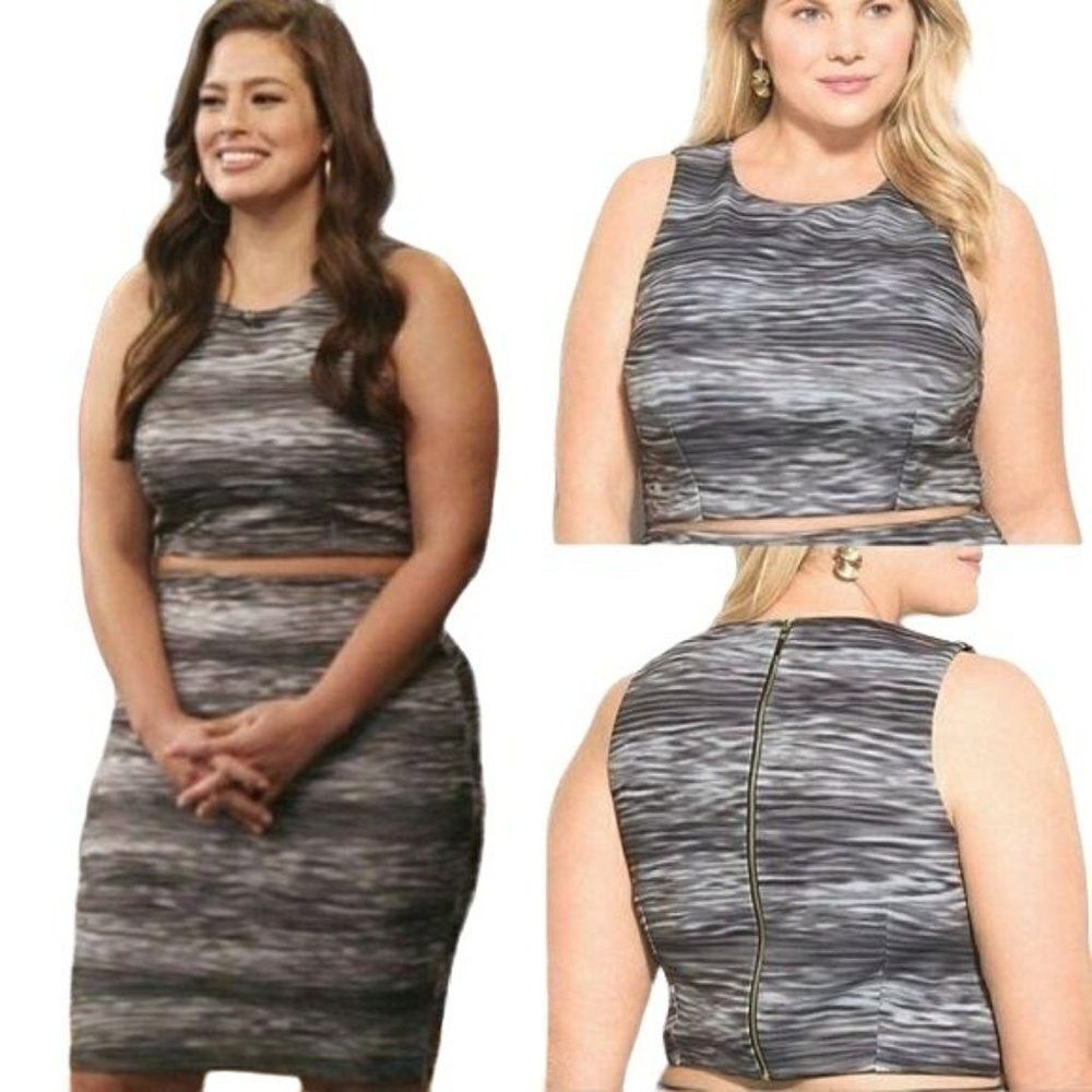 Ashley Graham Top Scuba Crop Tank Sleeveless Ombre Striped Black Sz 16W